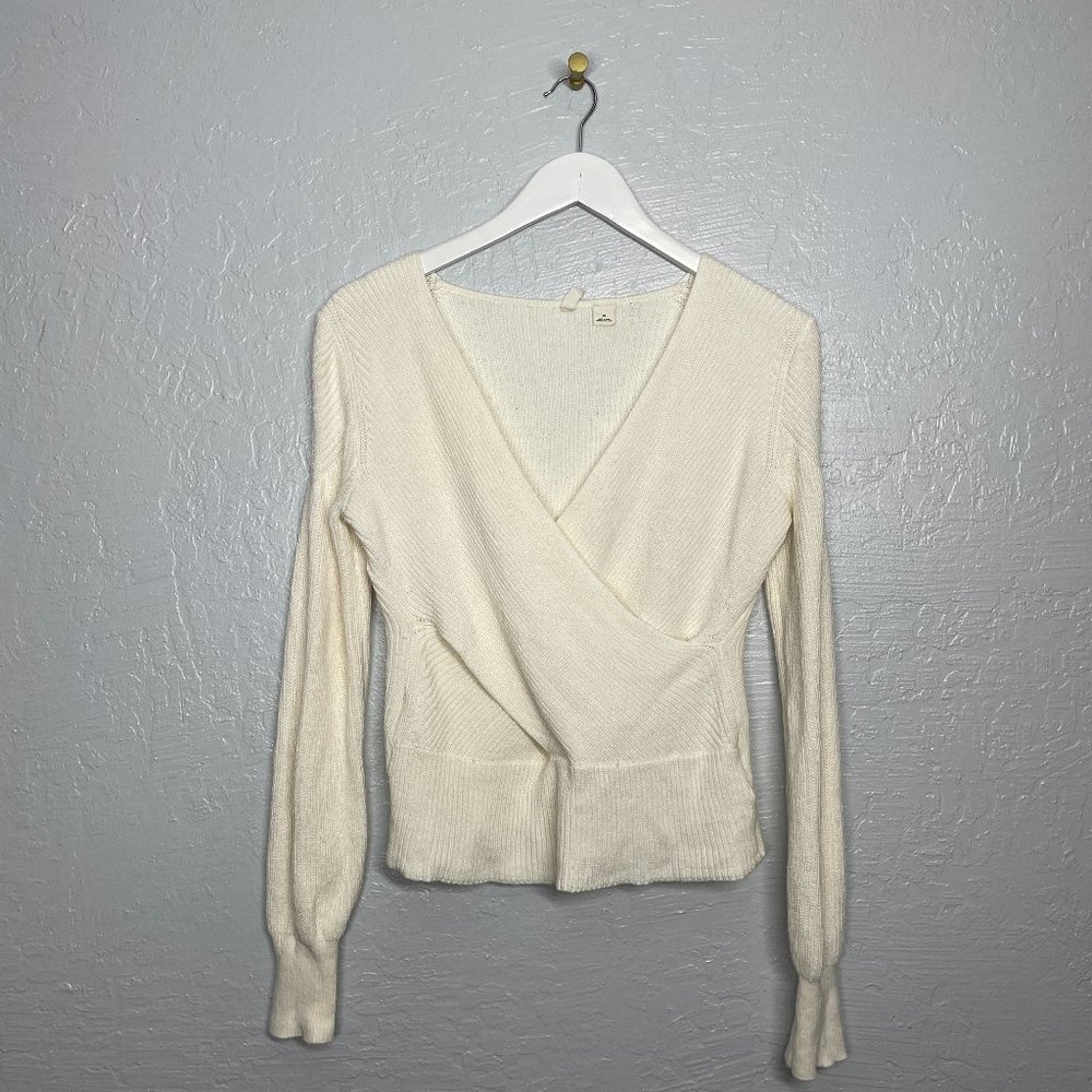 Moth Anthropologie Women XS Cream Faux Wrap Knit Sweater Long Sleeve Balletcore